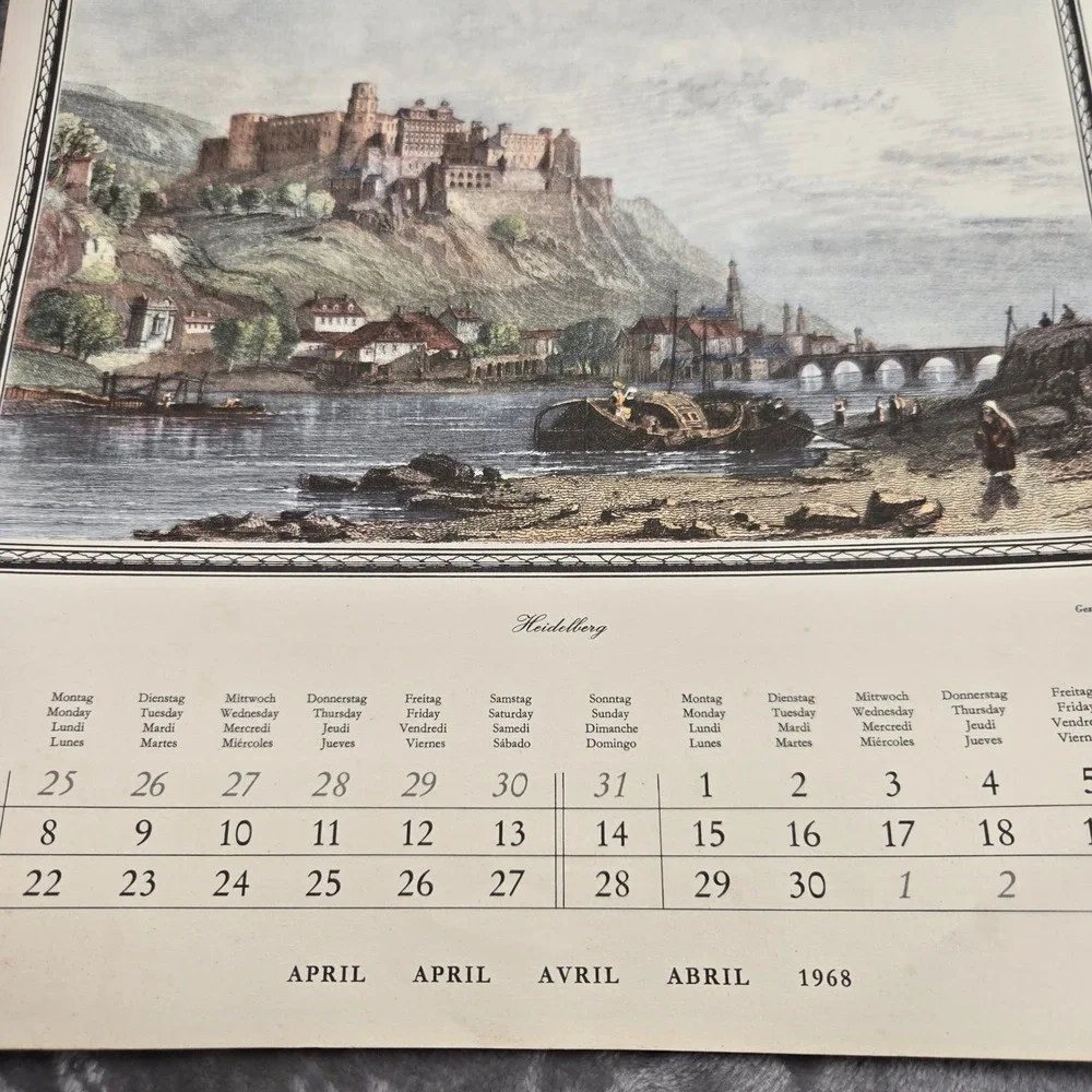 Vintage 1968 A Universe Calendar German Cities Illustrations Hamburg Würzburg